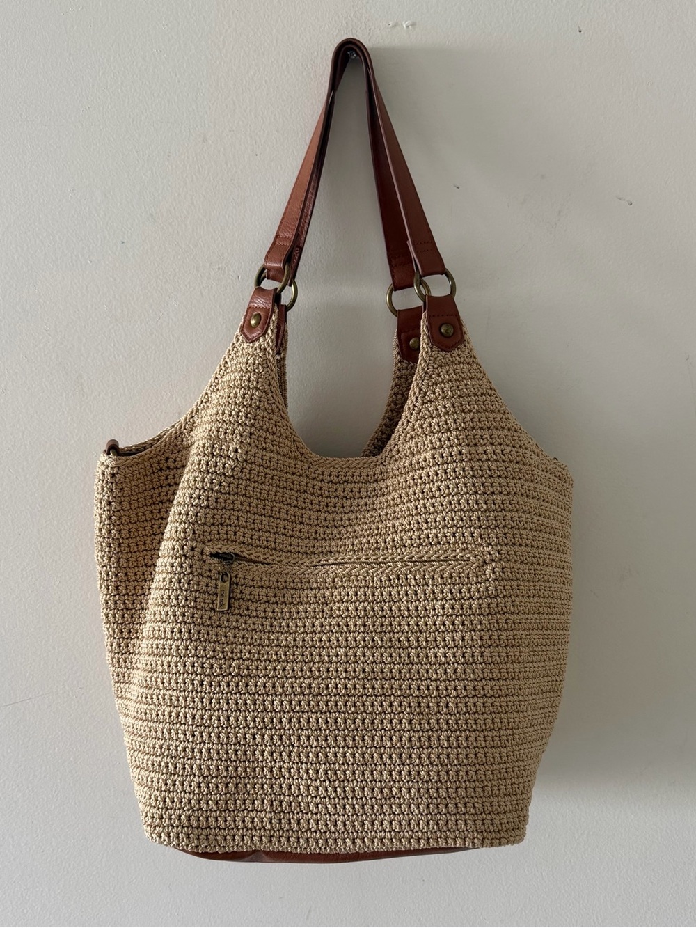 NWT The Sak Beige Woven Tote with Brown Leather Handles $219